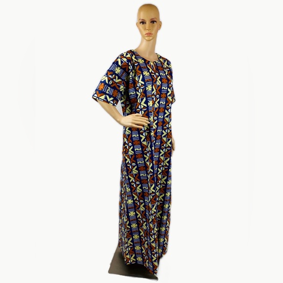 Brown Multicolor Handmade Cotton African Print Ankara Kaftan Maxi Dress - Picture 6 of 6